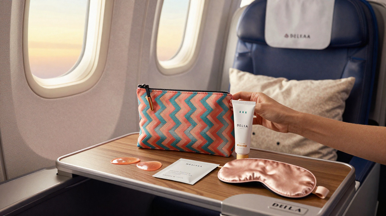 Kit de cuidados com máscara, creme, sachê e bolsa colorida sobre bandeja em assento de avião.
