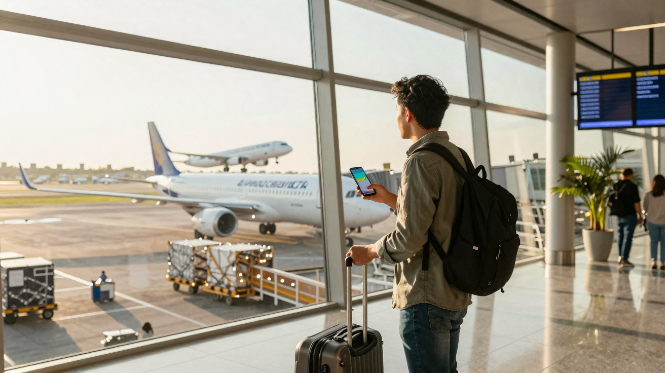 Homem com mochila e mala observa aviões na pista de aeroporto através de janela panorâmica.