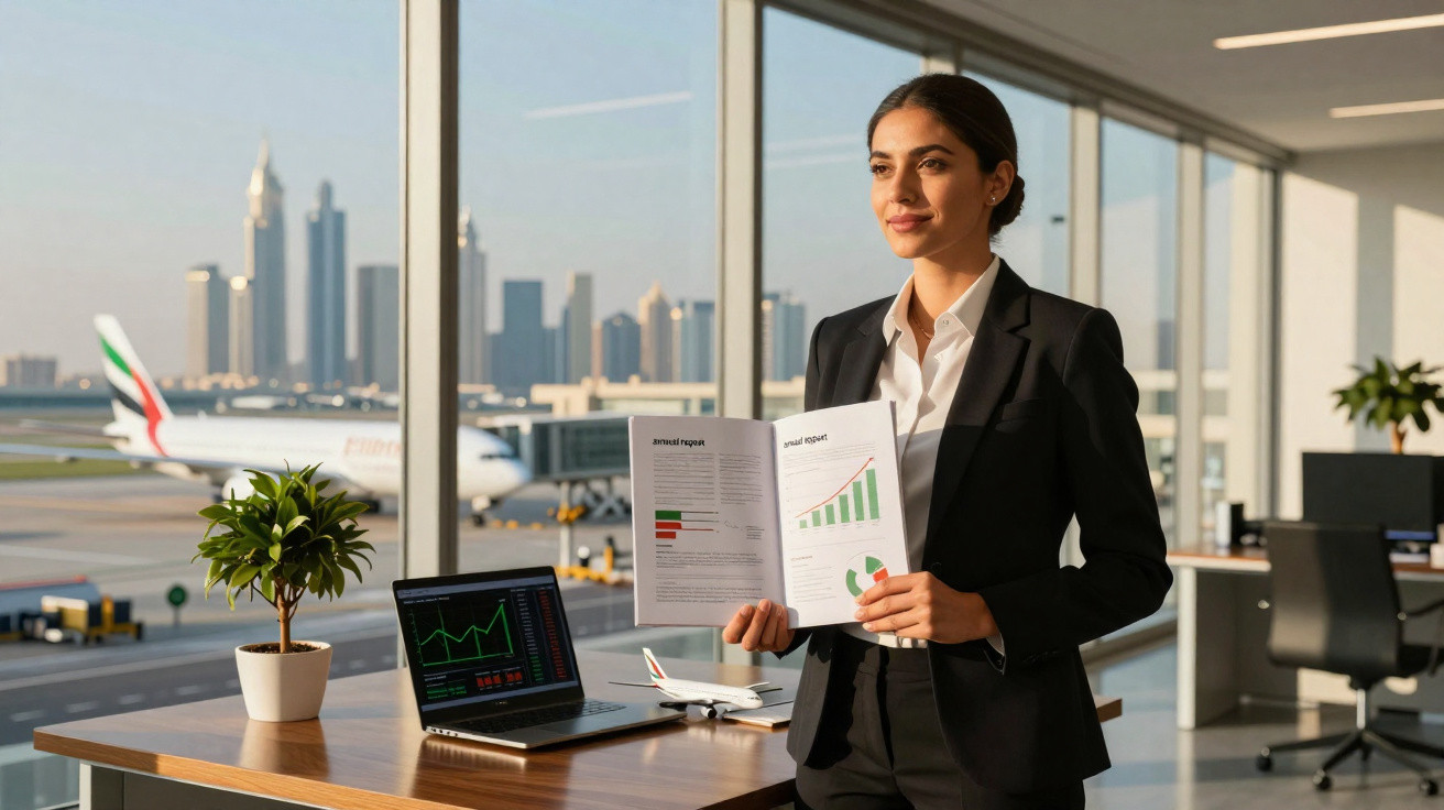 Mulher de negócios com terno preto apresenta relatório financeiro em escritório com vista para aeroporto.
