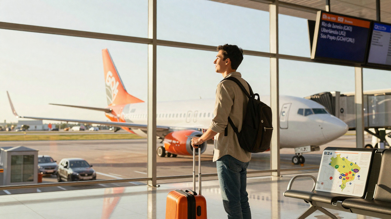 Homem com mochila e mala laranja esperando voo em aeroporto com avião ao fundo.