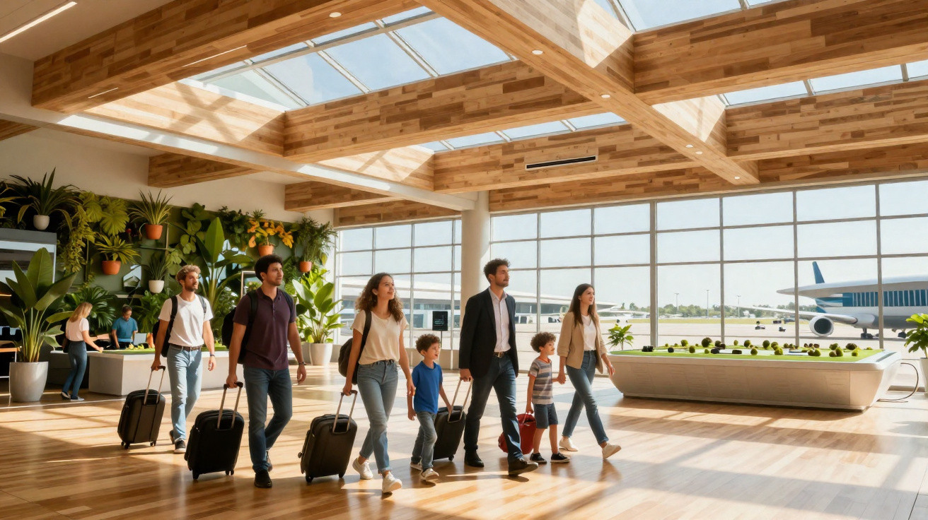 Famílias caminhando com malas em terminal aeroportuário iluminado e moderno com plantas e avião ao fundo.