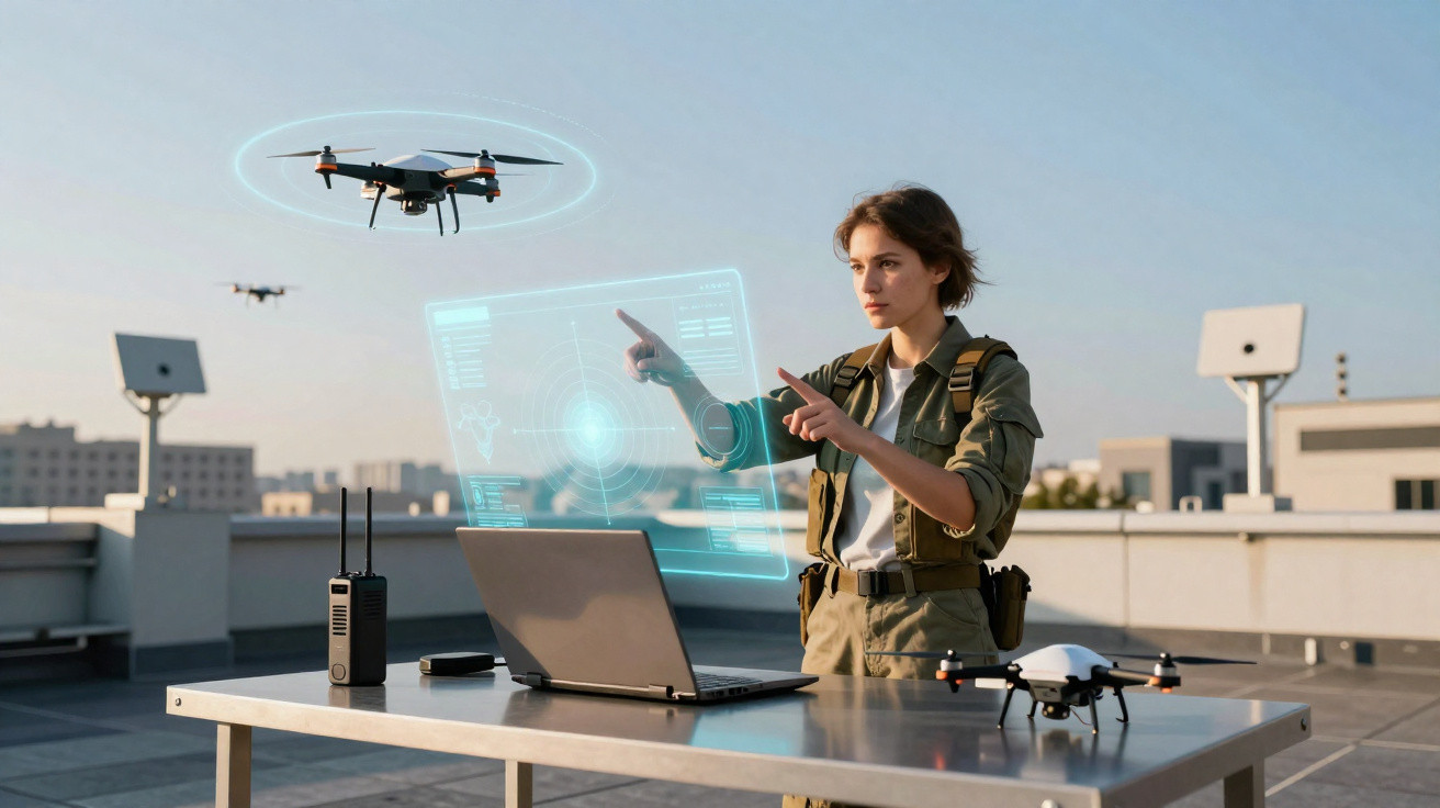 Mulher operando drones com interface holográfica em área externa, usando laptop e rádio comunicador.