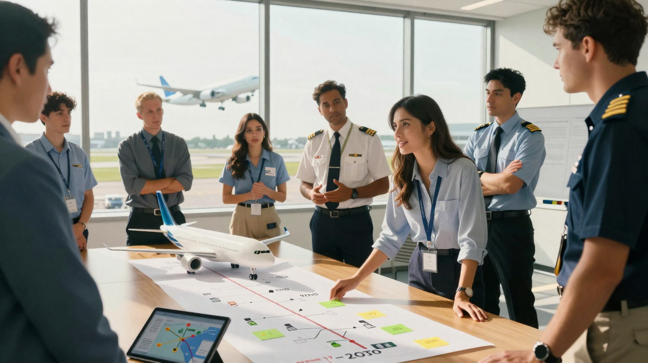 Equipe de aviação discutindo planejamento ao redor de mesa com maquete de avião e mapa no aeroporto.