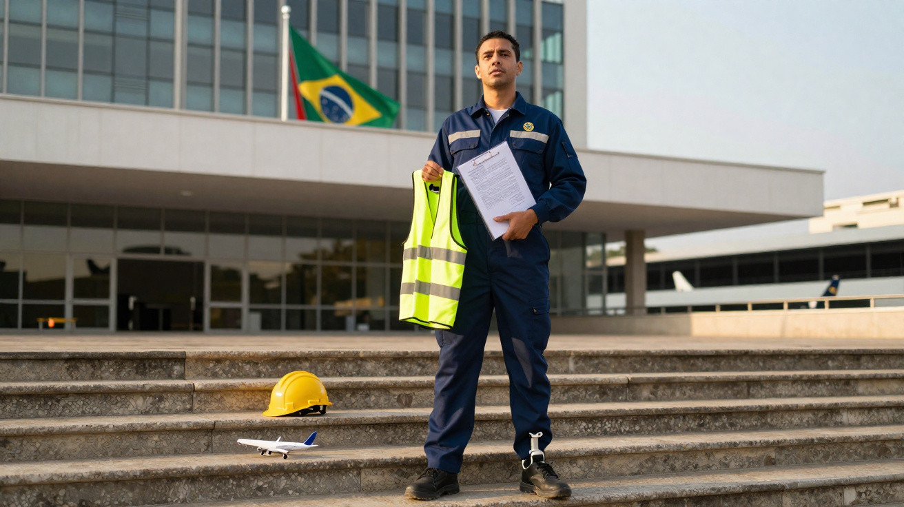 Homem de macacão azul segura colete e prancha, com capacete e avião em miniatura ao chão, bandeira do Brasil atrás.