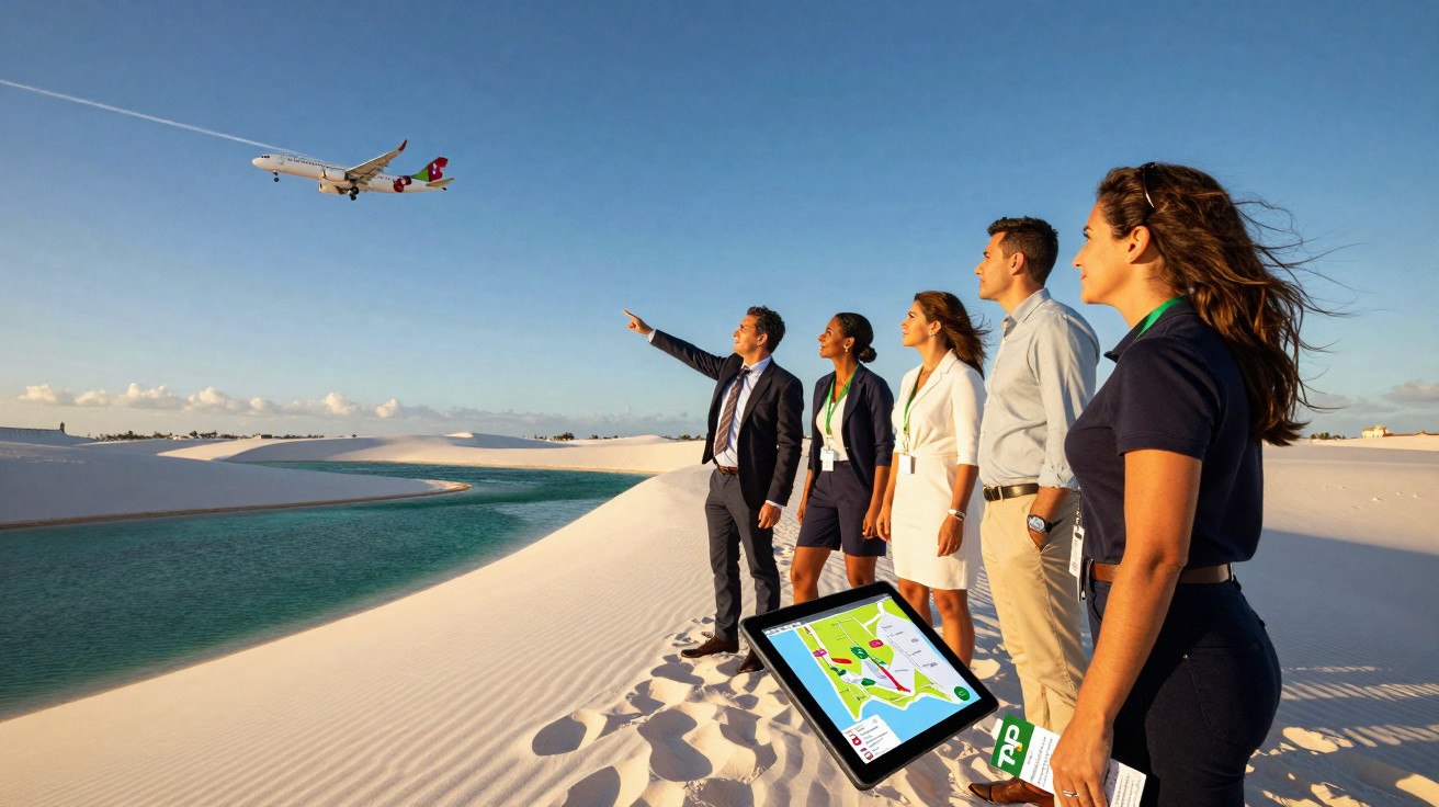 Grupo de cinco pessoas em traje formal observa avião TAP pousando em área de dunas e lagoa sob céu azul.