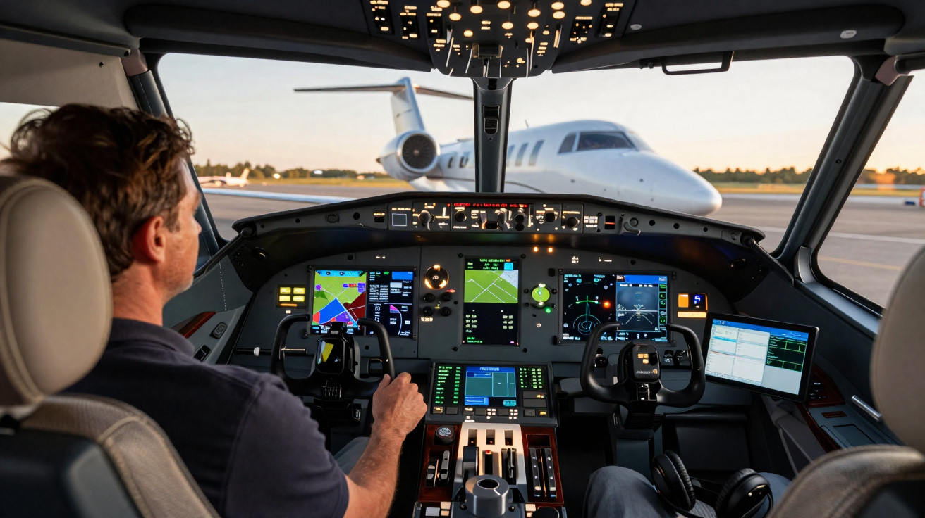 Piloto em cabine moderna de avião olhando para jato estacionado em pista ao entardecer.