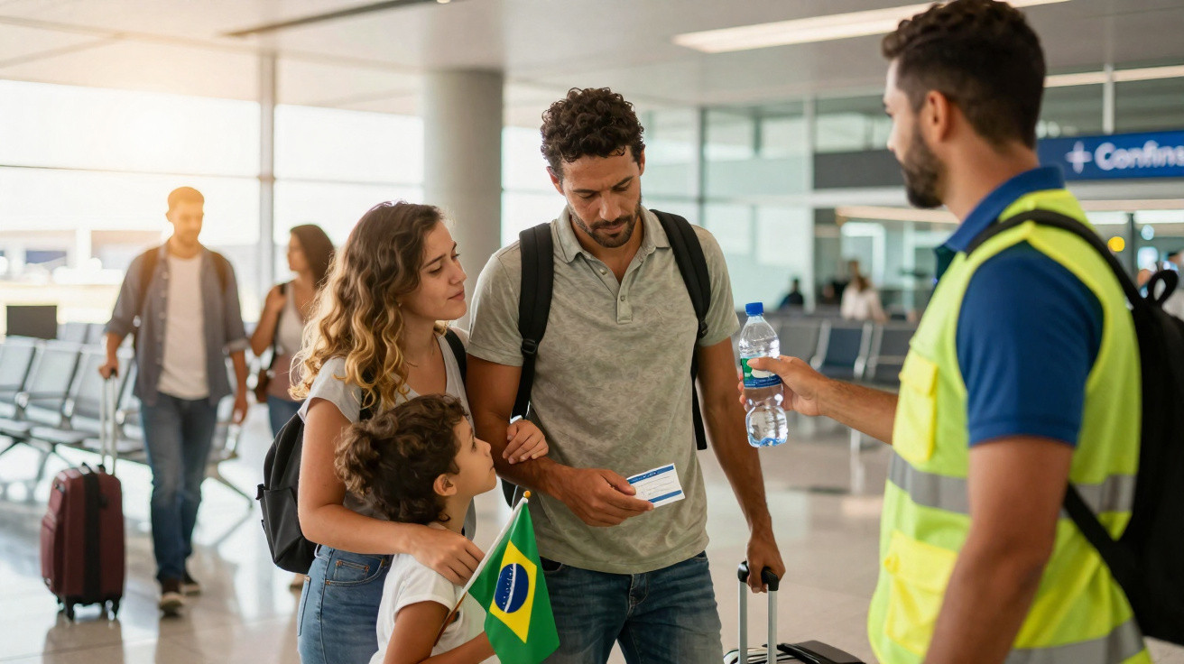 Família com filho segurando bandeira do Brasil recebe água de funcionário com colete refletivo em aeroporto.