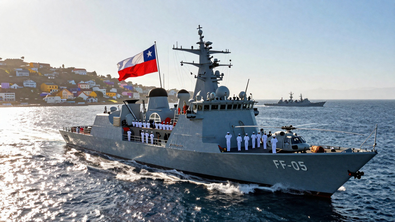 Navio de guerra chileno FF-05 com tripulação em uniforme branco navegando próximo à costa.