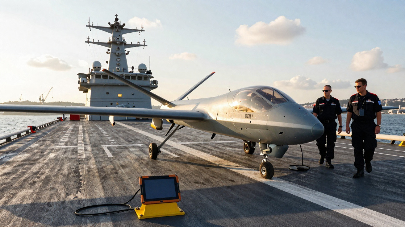 Aeronave não tripulada cinza em convés de navio militar com dois homens caminhando ao lado.