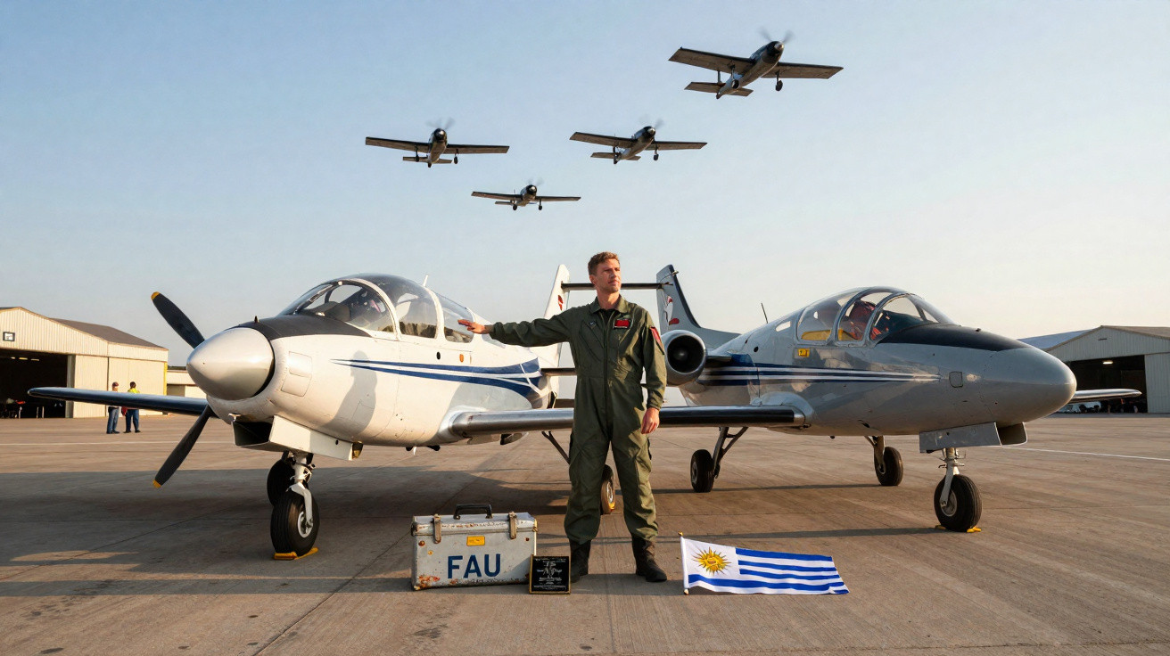 Homem em uniforme militar ao lado de dois aviões em pista, com quatro aviões pequenos voando ao fundo e bandeira do Uruguai.
