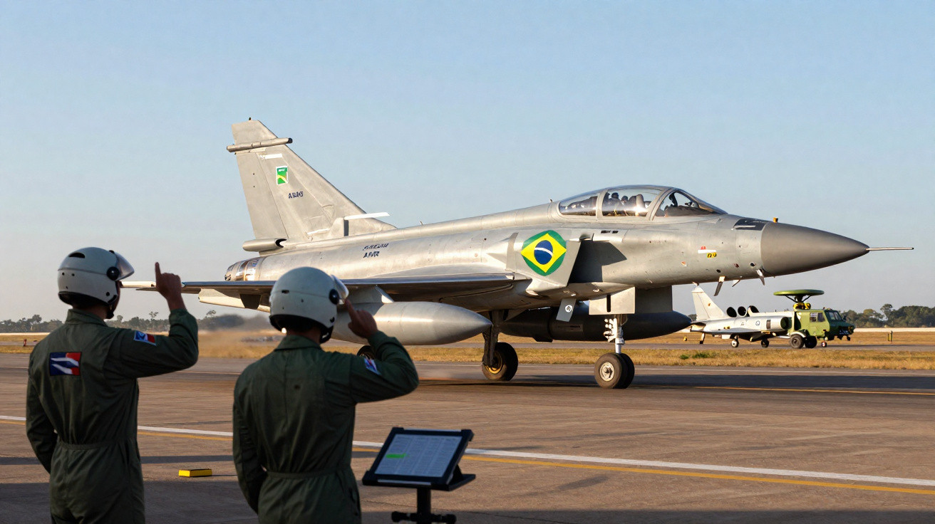 Caça A-1 da Força Aérea Brasileira taxiando em pista com dois militares saudando em primeiro plano.