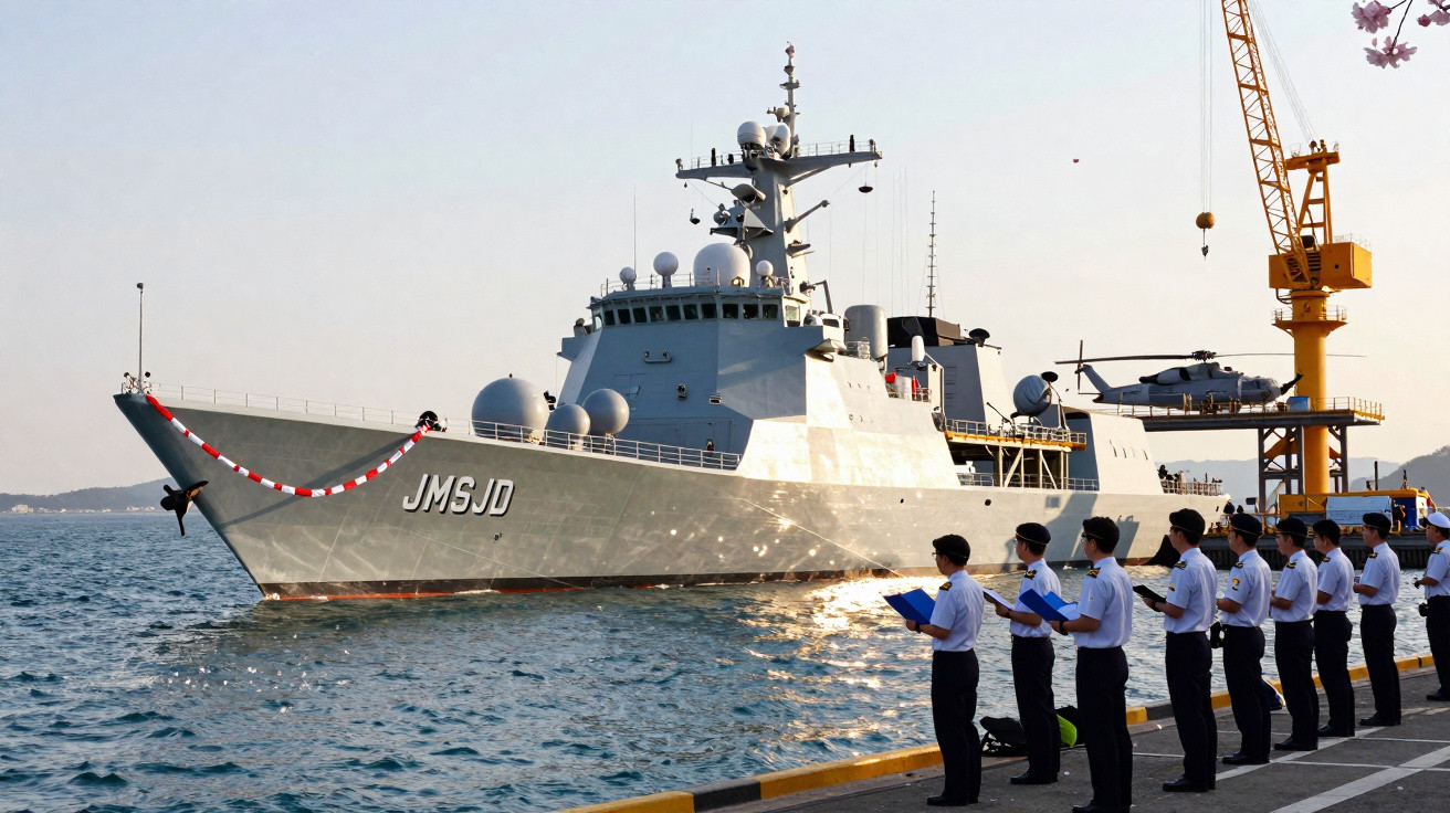 Navio de guerra cinza JMSJD atracado e tripulação em formação no cais ao entardecer.