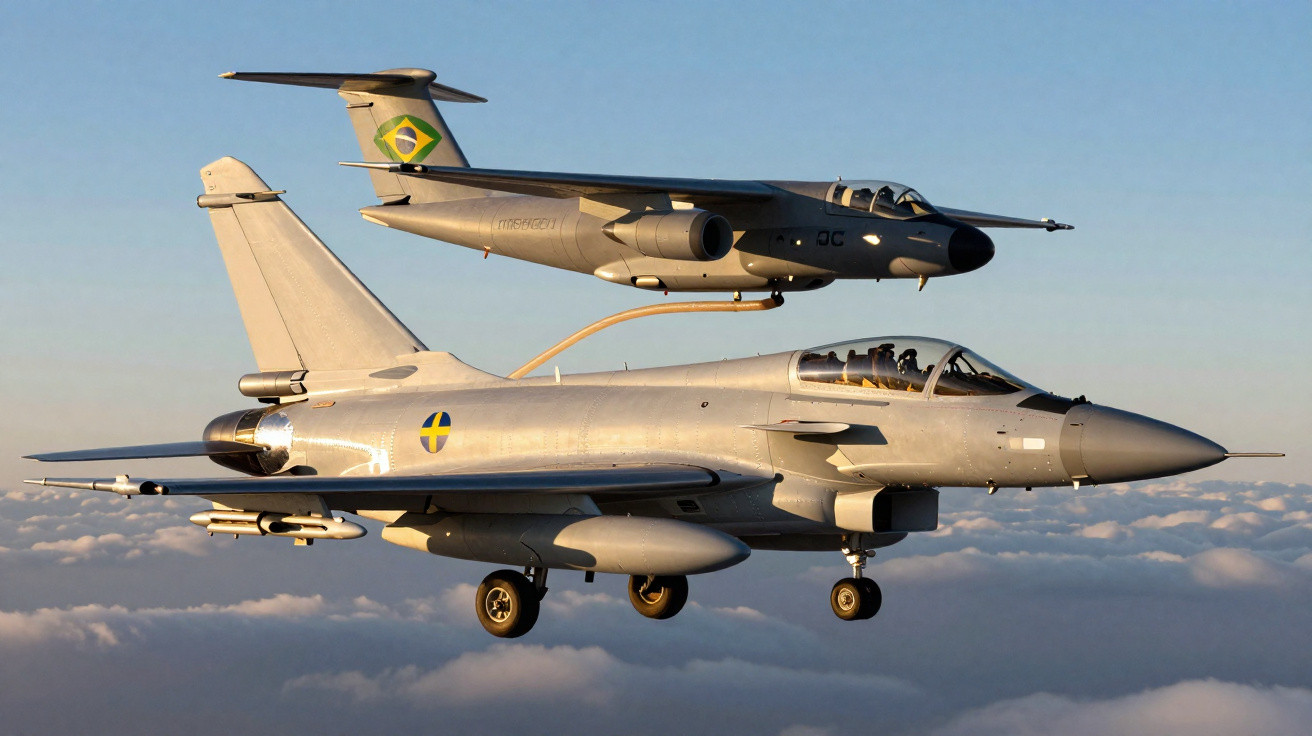 Dois jatos militares voando em formação sobre nuvens ao pôr do sol, um com bandeira da Suécia e outro do Brasil.
