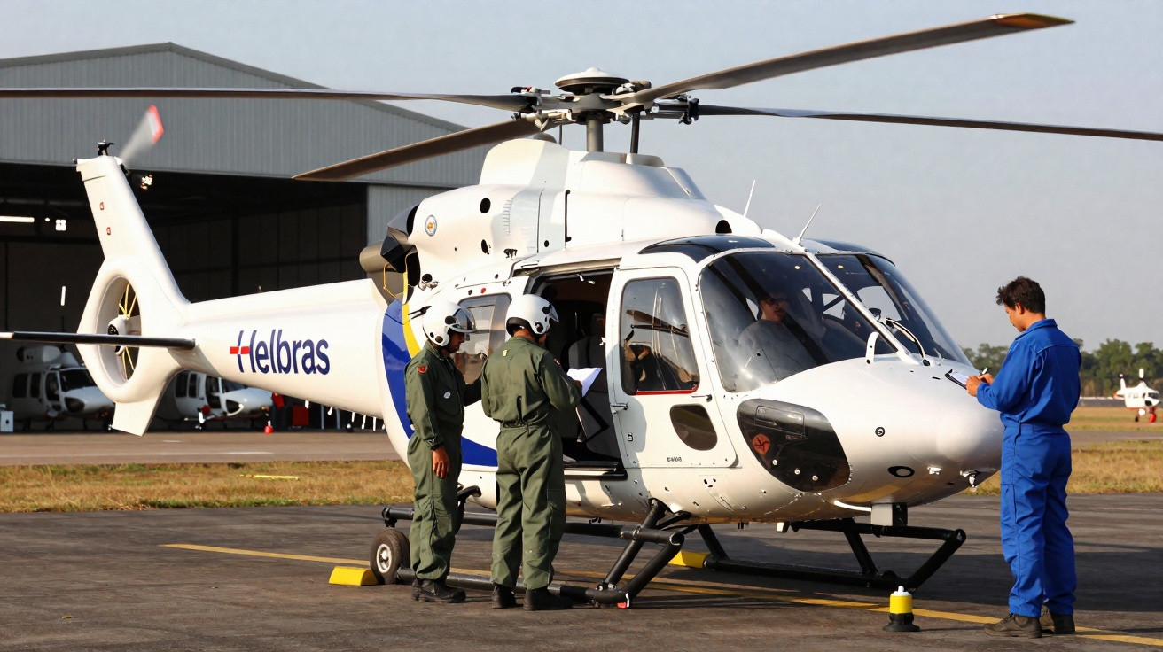 Helicóptero branco da Helibras no pátio com três técnicos em uniforme realizando inspeção pré-voo.