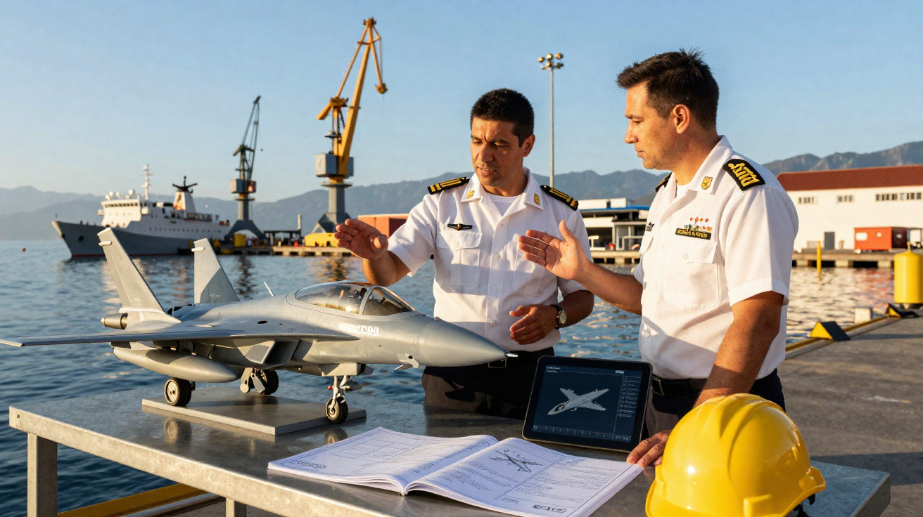 Dois oficiais da marinha discutem um modelo de avião em mesa com plantas e capacete amarelo em porto.