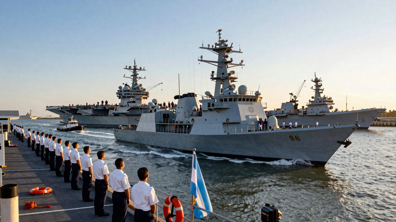 Marinheiros em formação em convés com três navios militares em águas calmas ao pôr do sol.