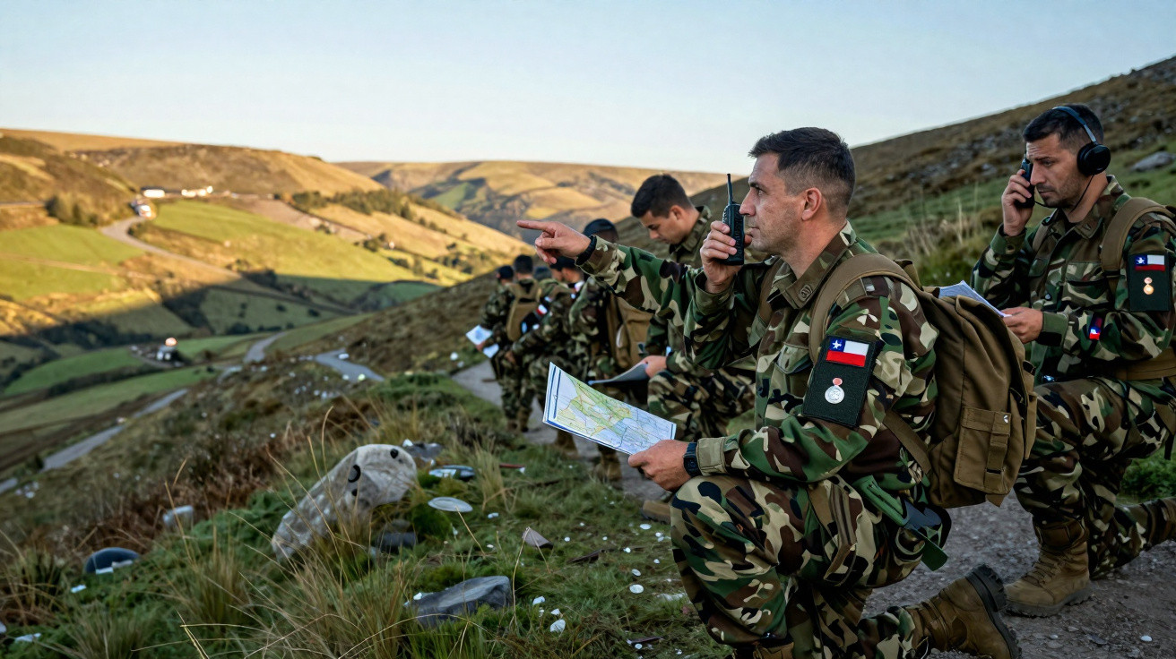 Soldados em uniforme camuflado com rádio e mapa em área montanhosa durante operação.
