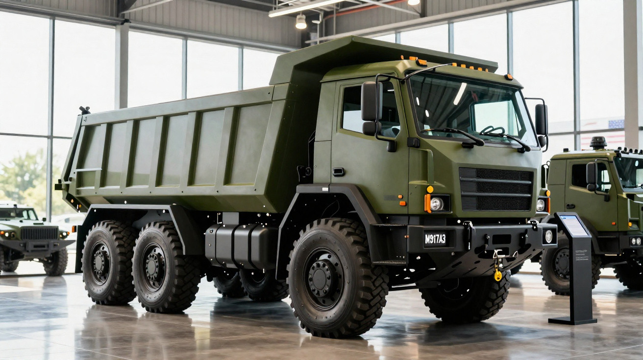 Caminhão militar verde com carroceria grande exposto em ambiente interno, ao lado de outros veículos militares.