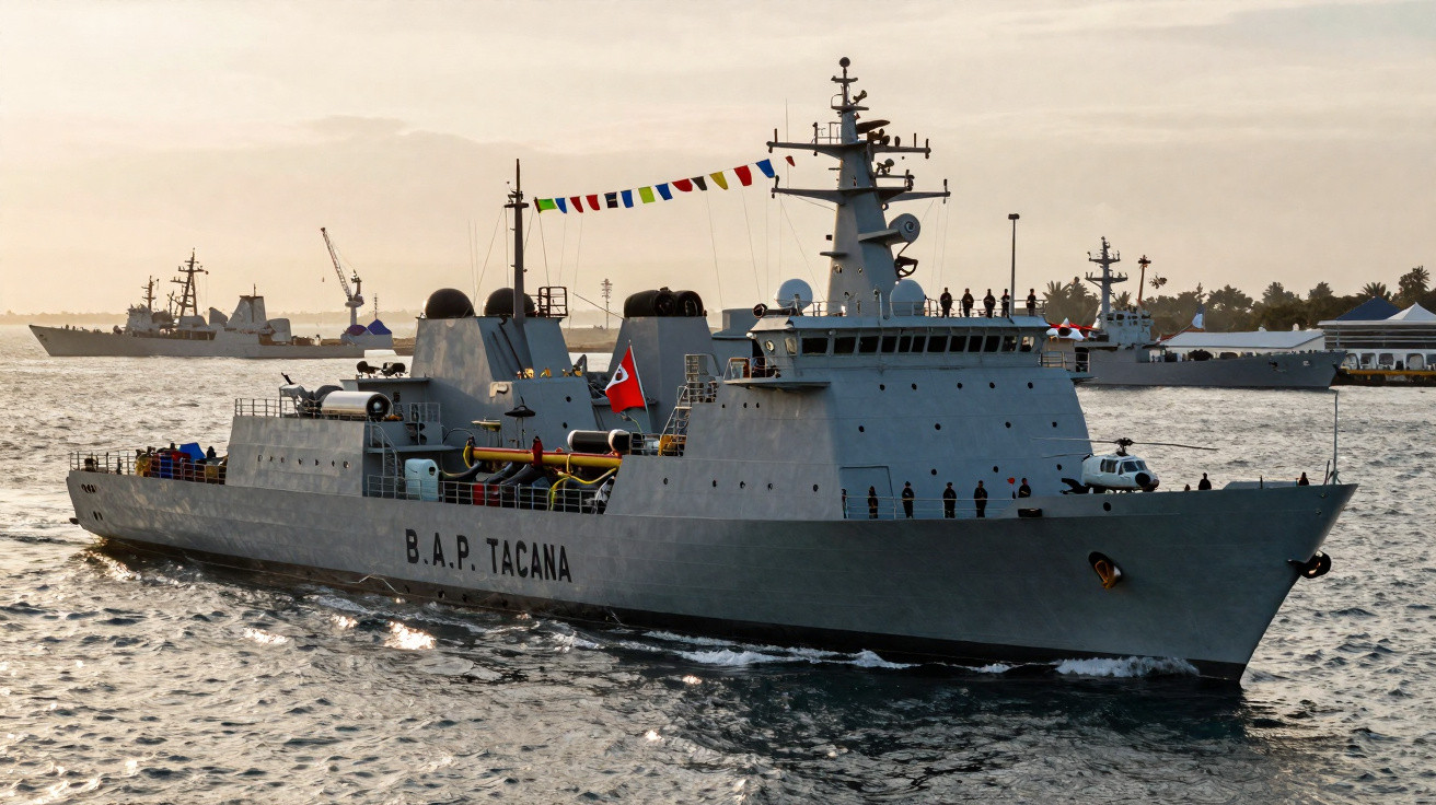 Navio de guerra B.A.P. Tacana navegando no mar ao entardecer com tripulação visível no convés.