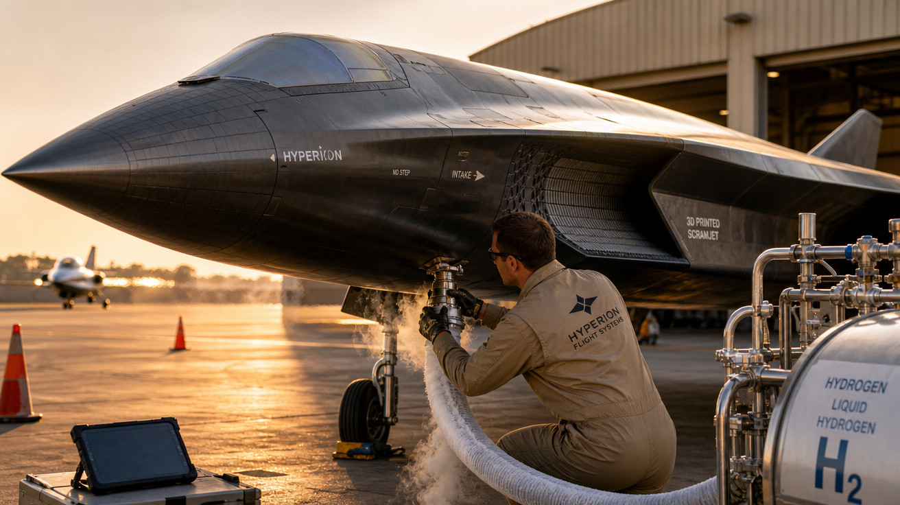 Técnico conecta mangueira de abastecimento a avião preto futurista na pista ao entardecer.