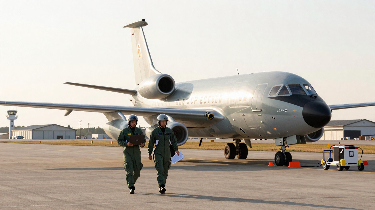 Dois pilotos caminhando na pista ao lado de avião militar estacionado durante o dia.