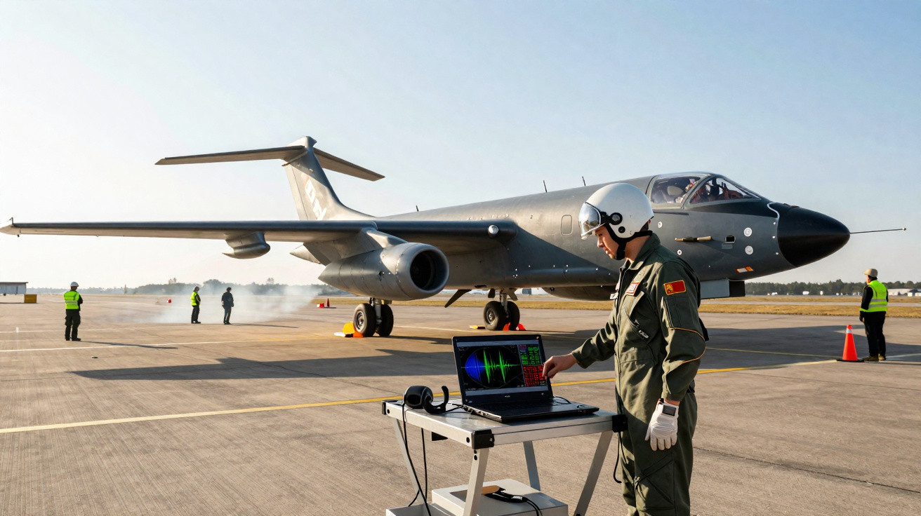 Militar com equipamento eletrônico próximo a avião preto em pista de decolagem sob céu claro.