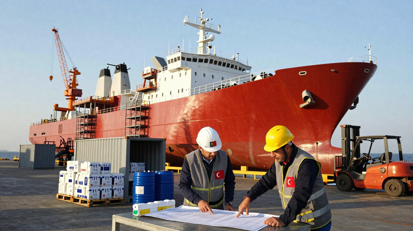 Dois trabalhadores com capacetes revisam documentos em tabela no porto, com navio cargueiro vermelho ao fundo.