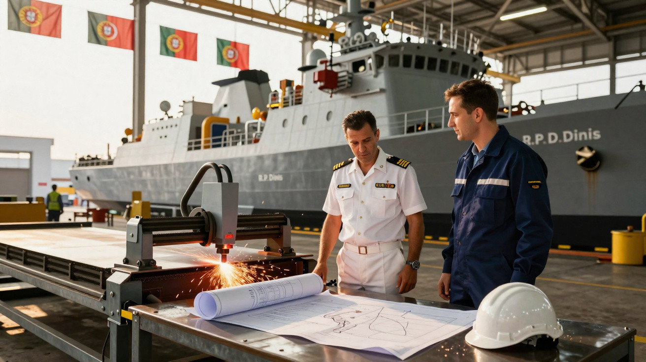 Dois homens, um em uniforme naval e outro em macacão, discutem planos perto de uma máquina cortando metal numa doca com navio