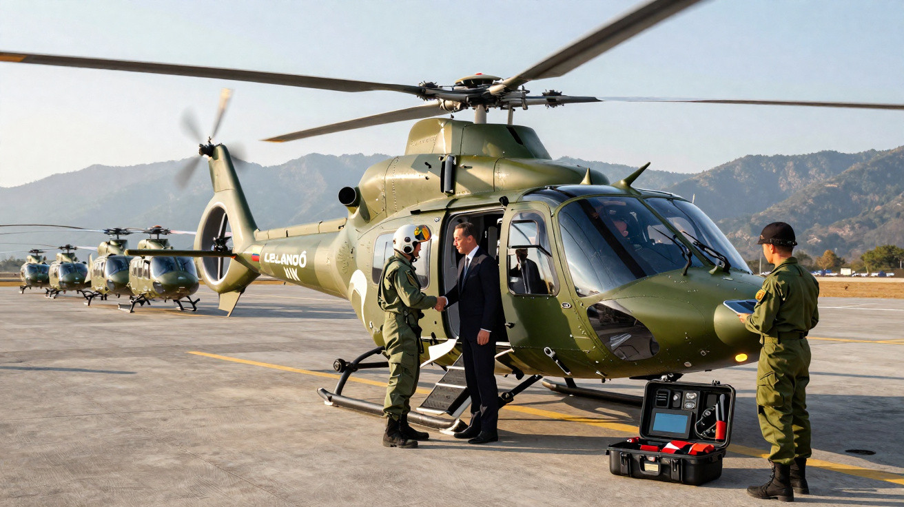 Helicóptero militar verde com piloto e oficial cumprimentando homem de terno em pista com montanhas ao fundo.