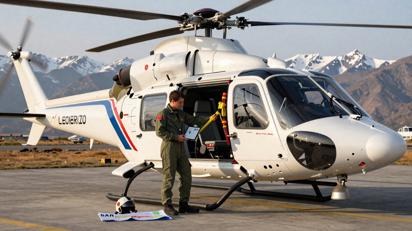 Homem em macacão verde faz inspeção em helicóptero branco estacionado com montanhas ao fundo.