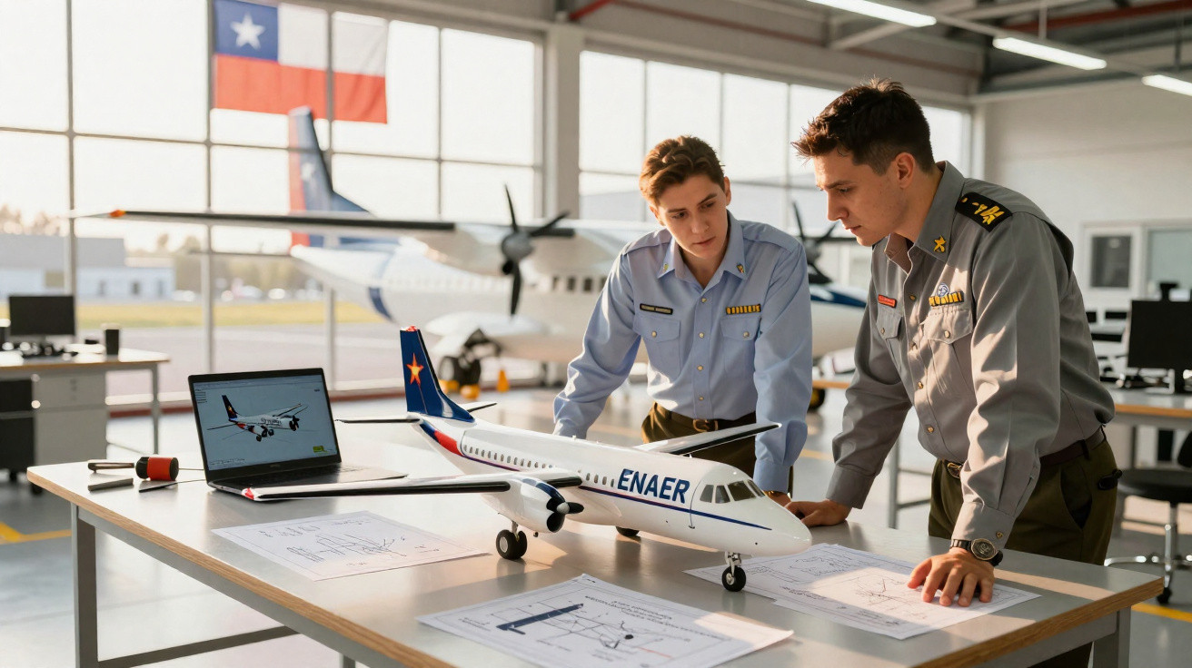 Dois homens em uniforme observam um modelo de avião sobre uma mesa com plantas em hangar.