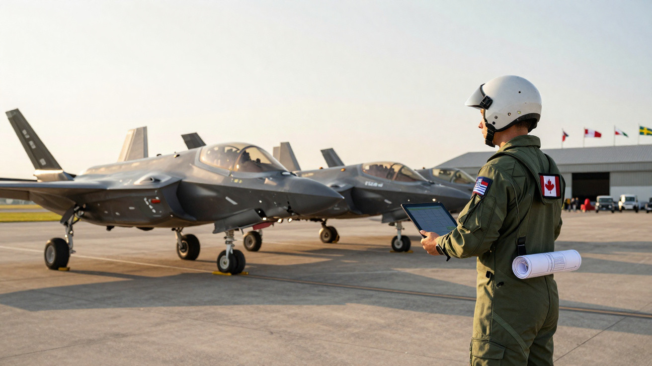 Militar com capacete e uniforme verde observa dois jatos de combate estacionados em pista aérea.