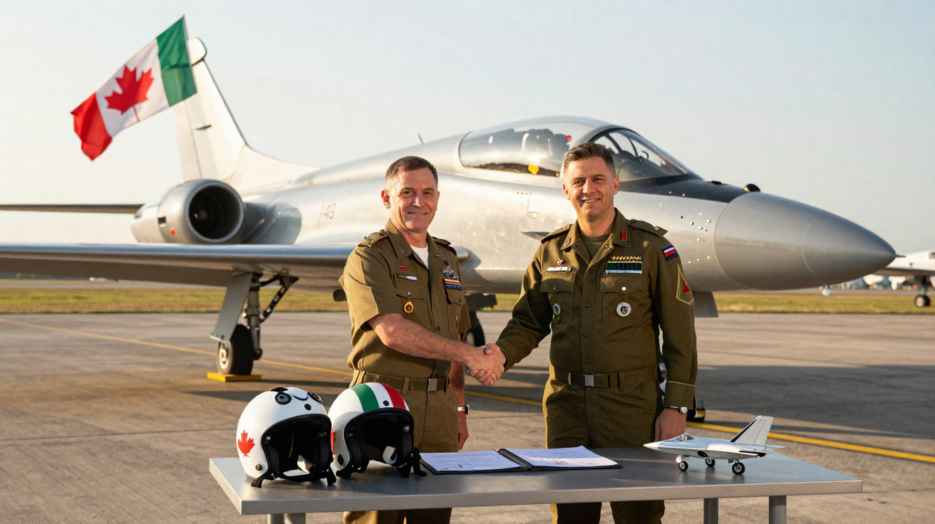 Dois militares apertam as mãos na frente de um avião com bandeiras do México e Canadá e capacetes na mesa.