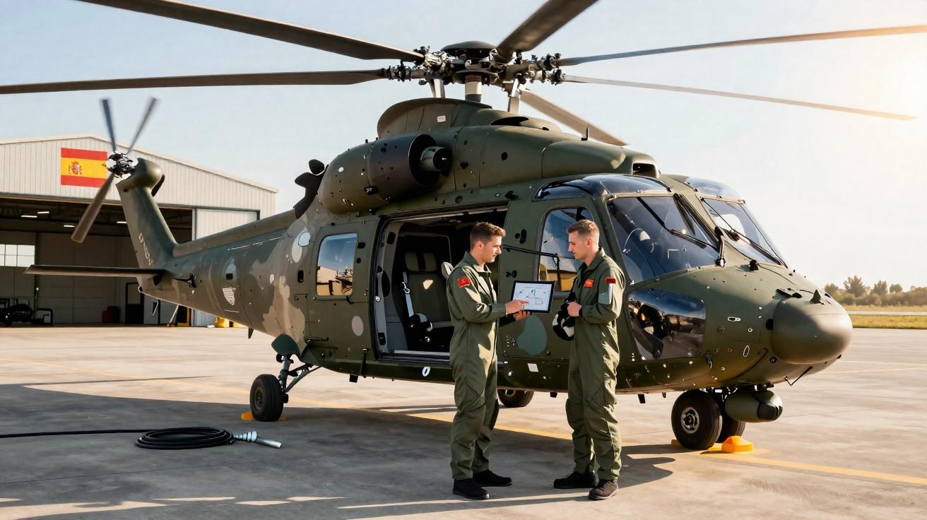 Dois militares conversam ao lado de helicóptero verde em hangar com bandeira da Espanha.