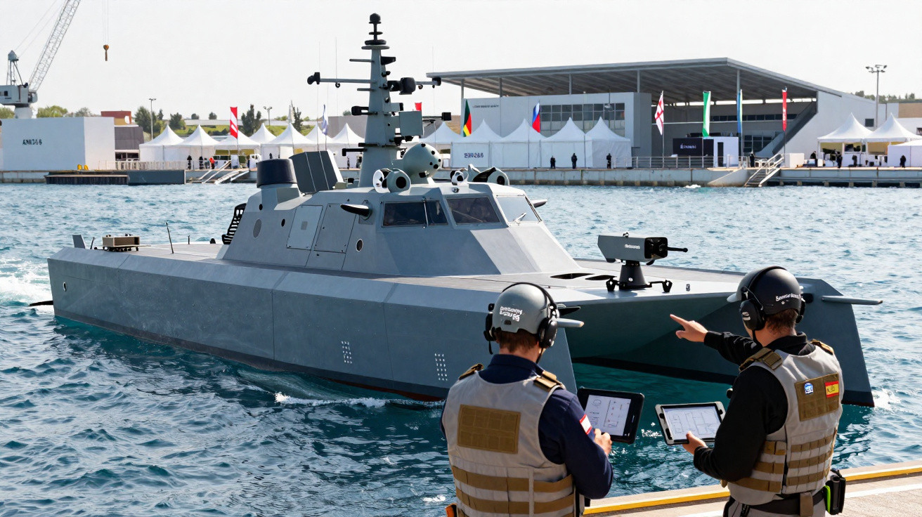 Dois militares com coletes e fones operam dispositivos eletrônicos perto de barco militar cinza no porto.