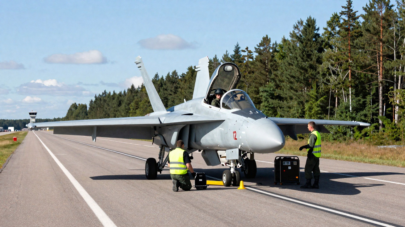 Caças militares em pista de aeroporto com técnicos realizando manutenção em dia claro e ensolarado.