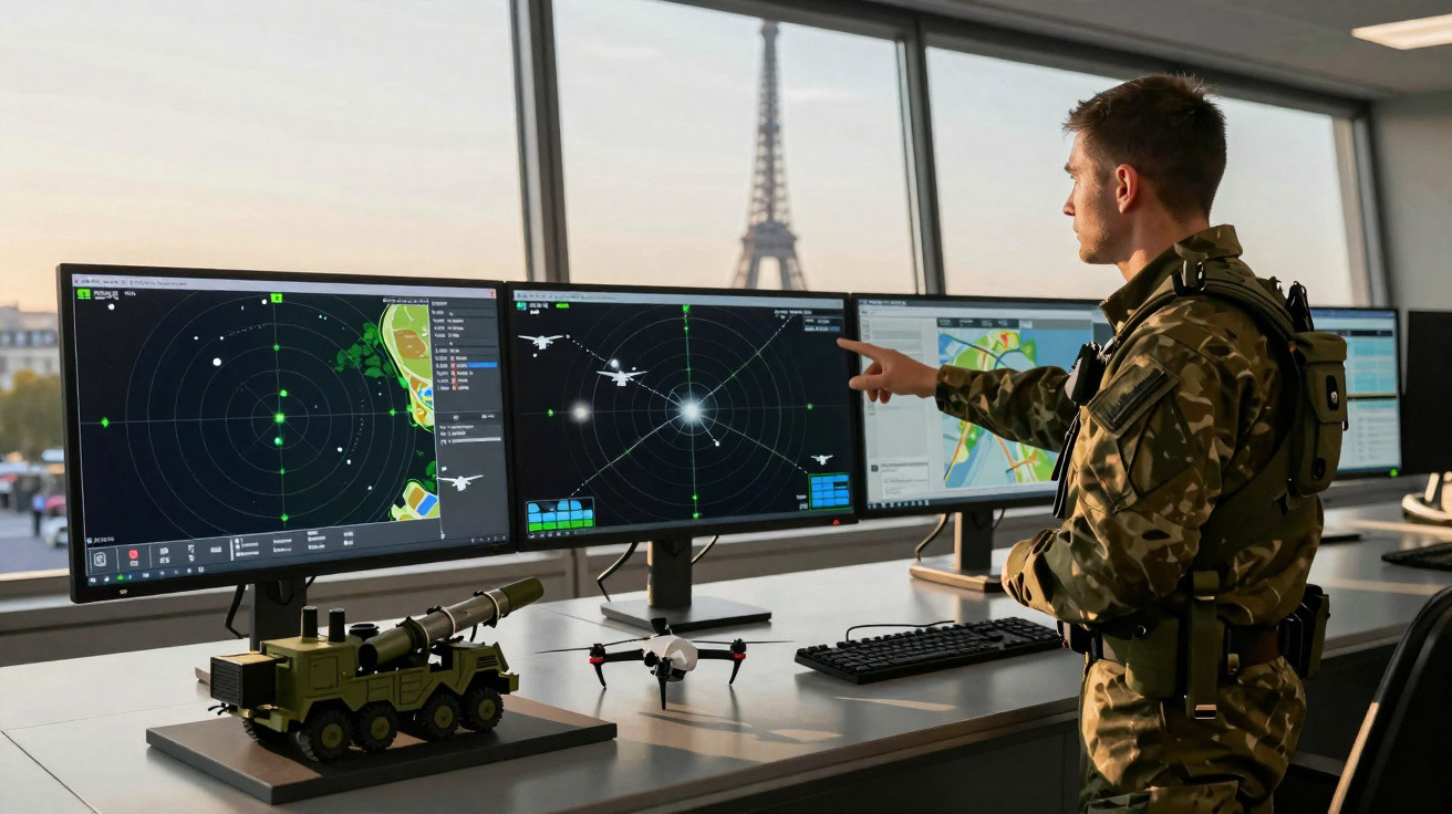 Soldado em uniforme camuflado monitora radares em estação com vista para a Torre Eiffel ao pôr do sol.