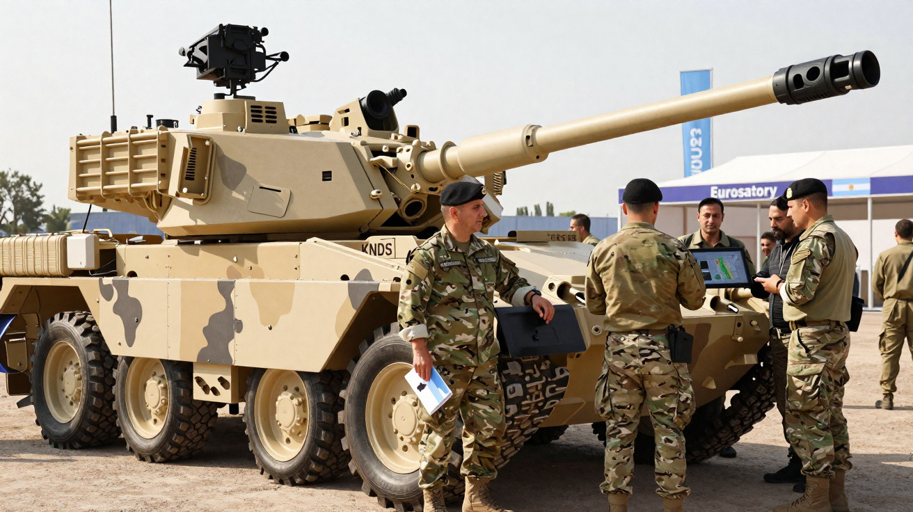 Tanque de combate leve bege com soldados em uniforme camuflado em evento ao ar livre.