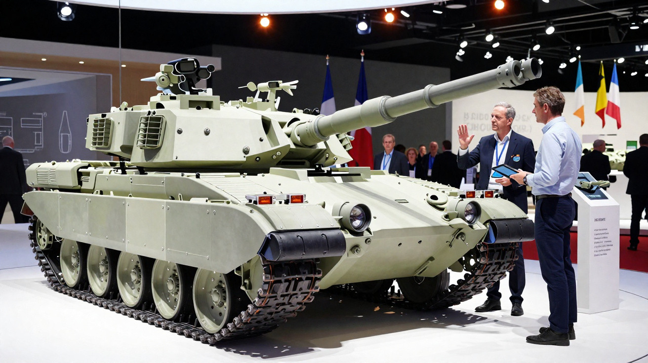 Tanque militar moderno exposto em evento, com pessoas observando e bandeiras ao fundo.