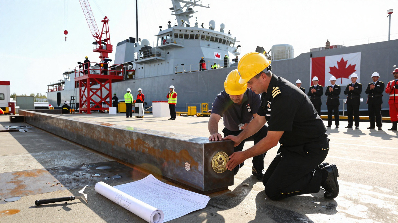 Dois trabalhadores com capacetes amarelos fixam uma placa em viga de metal próxima a um navio da marinha canadense.