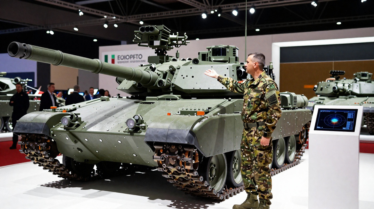 Tanque militar verde em exposição com soldado em uniforme camuflado apontando para ele.