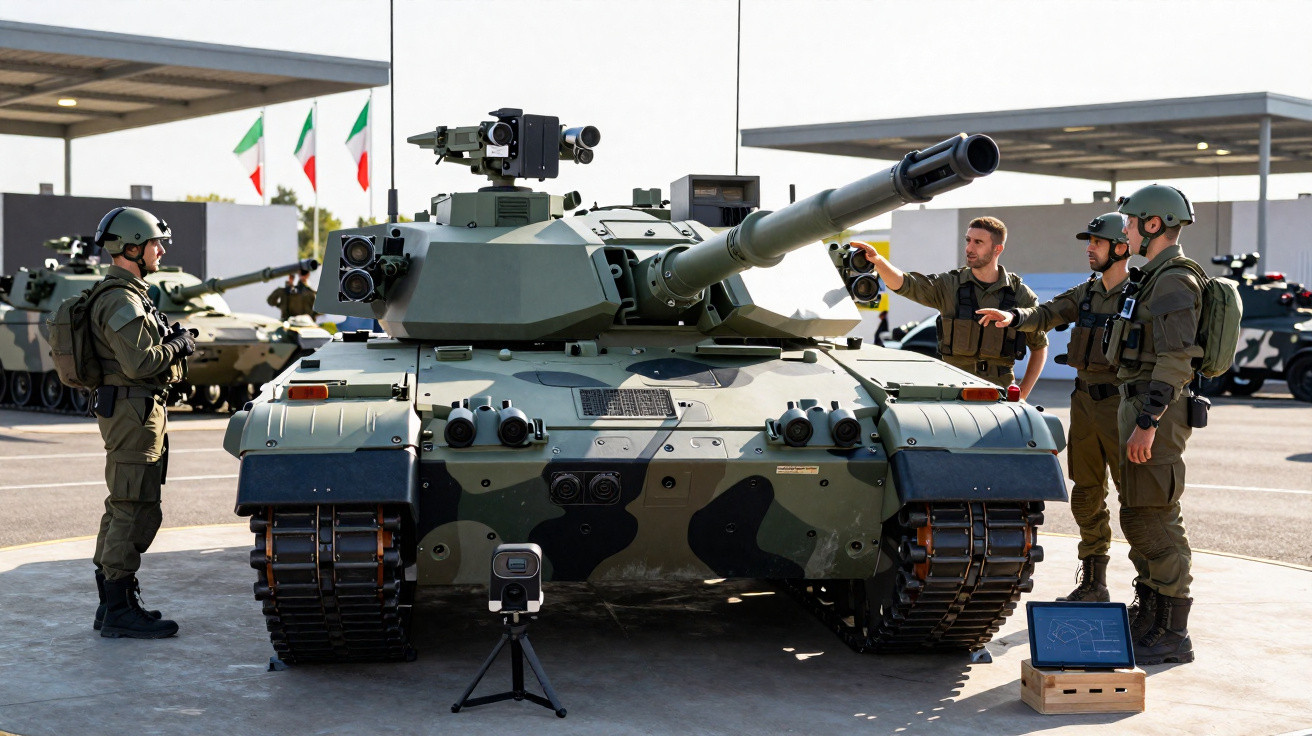 Tanque militar camuflado estacionado com três soldados em uniforme tático ao redor, usando capacetes e equipamentos.