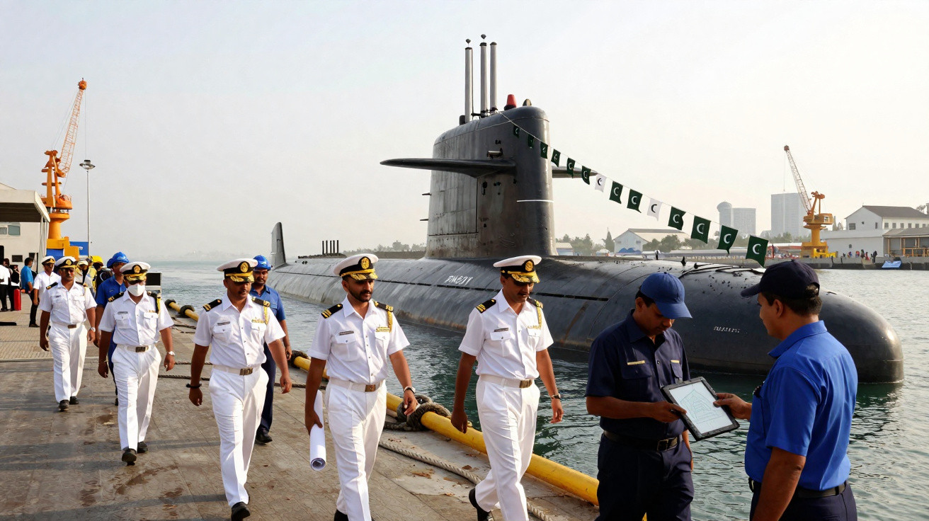 Oficiais navais em uniforme branco caminhando no cais próximo a um submarino atracado decorado com bandeiras.