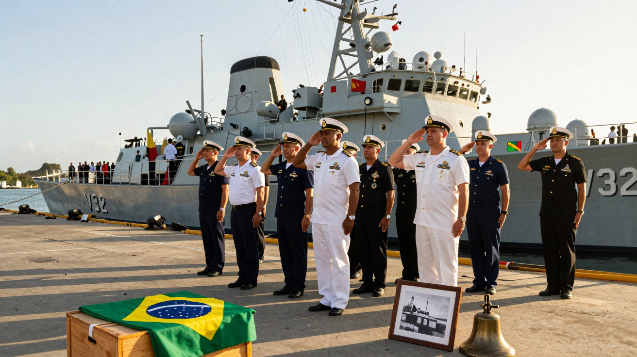 Militares da marinha em formação e saudação ao lado de navio atracado e caixão com bandeira do Brasil.