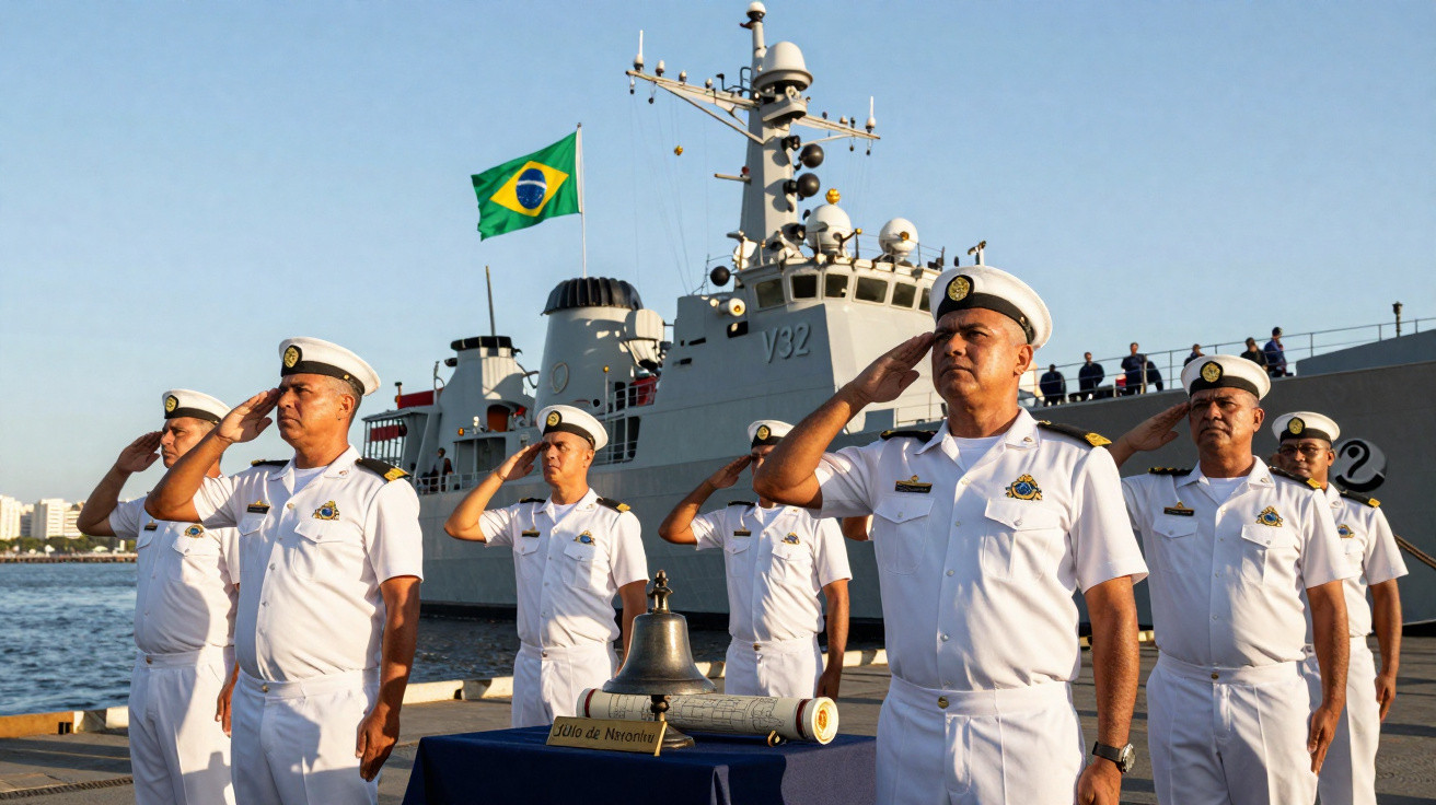 Marinheiros da Marinha do Brasil em continência ao lado de sino e canhão diante de navio atracado.