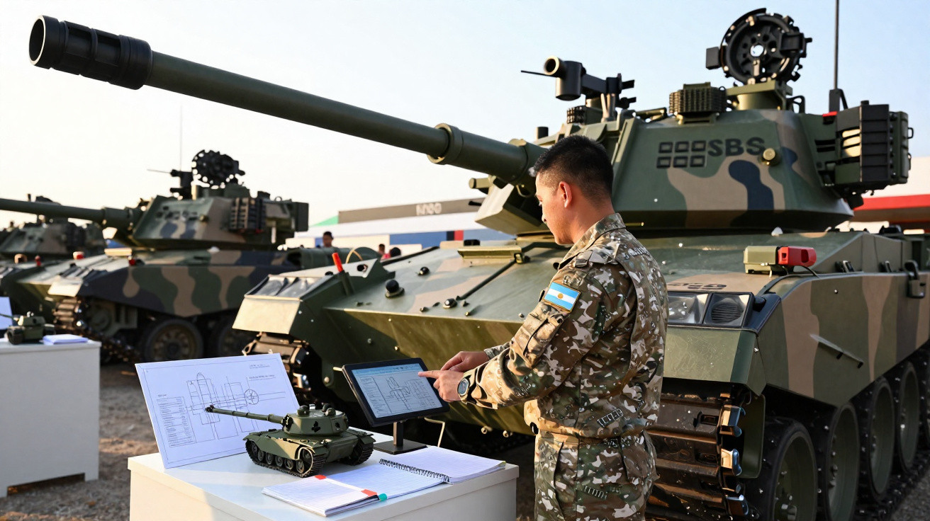 Soldado de uniforme camuflado examina tanque de guerra no pátio de exibição militar durante o dia.