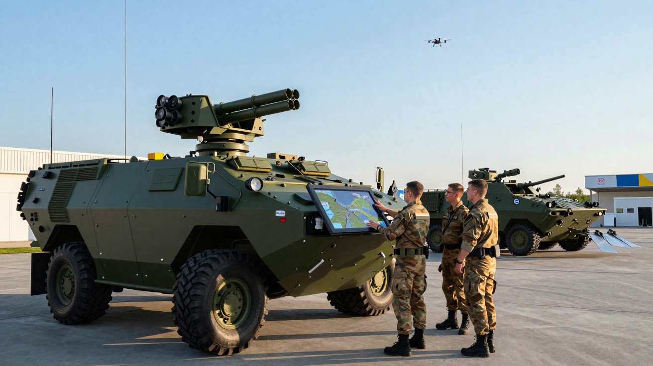 Soldados em uniforme camuflado analisam mapa em veículo militar blindado com drone voando ao fundo.