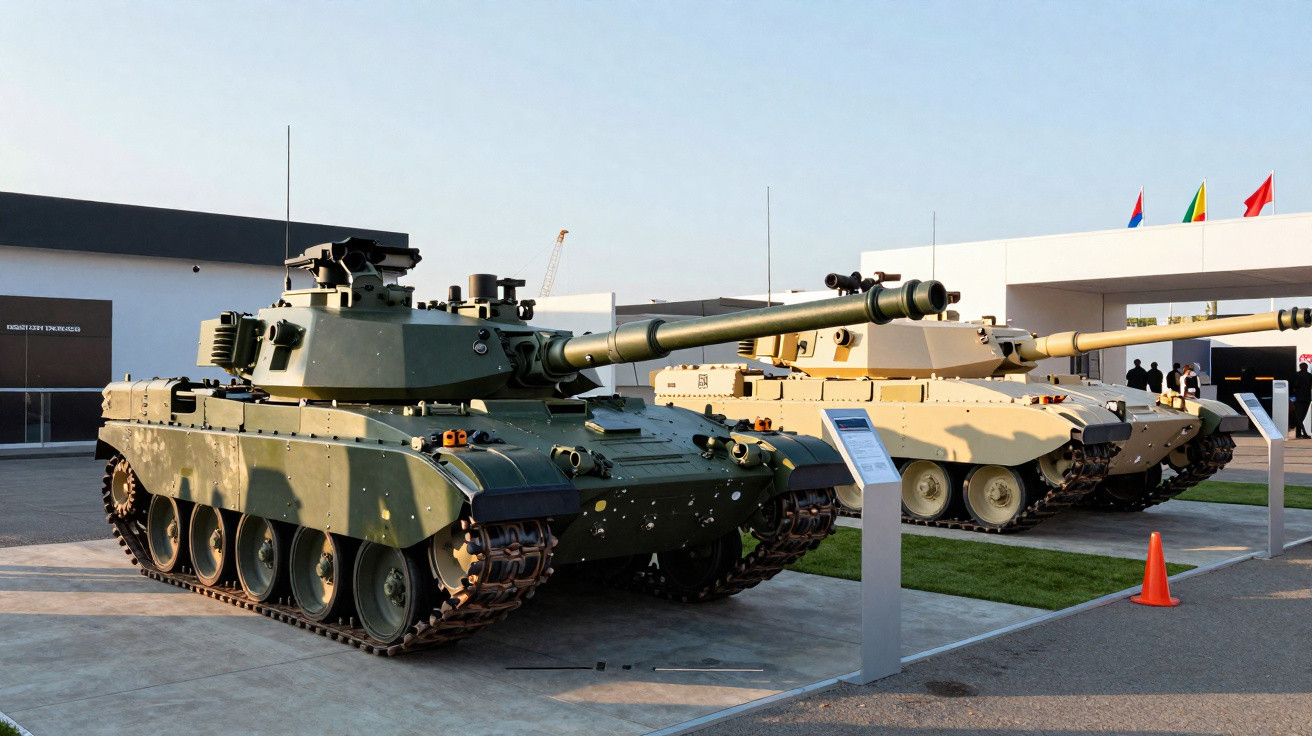 Dois tanques de guerra expostos lado a lado em área externa de exposição militar.
