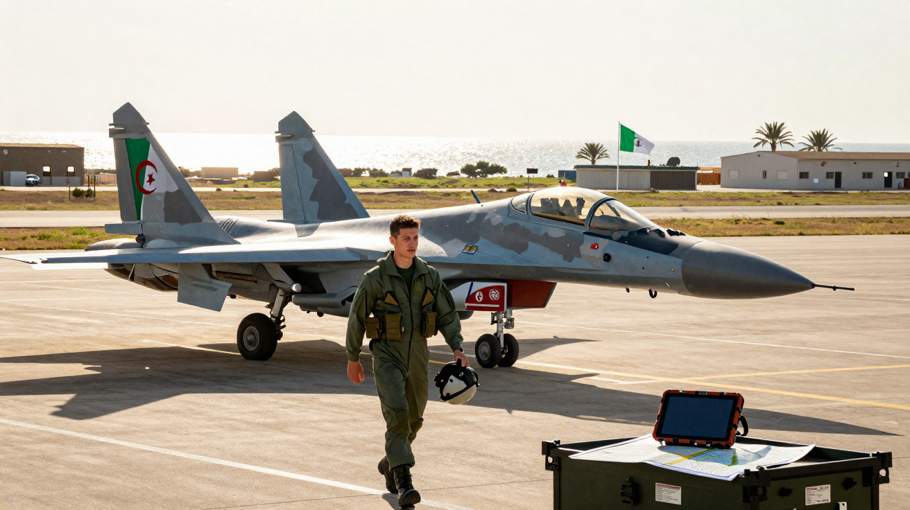 Piloto militar caminhando em pista próxima a um caça Sukhoi Su-30 estacionado em base aérea.