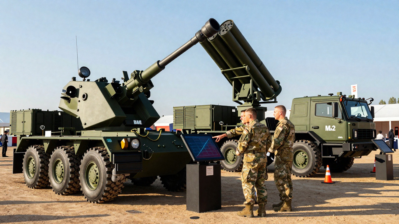 Dois soldados observam e explicam veículo militar armado com canhão de grande calibre em área externa.